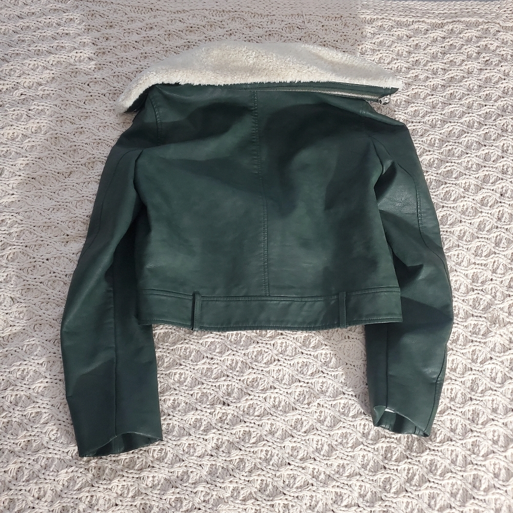 Green Shearling Aviator Collar Versatile Moto Jacket - Picture 6 of 16